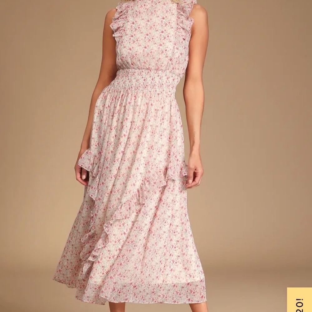 Lulus Evalina White Floral Print Mock Neck Midi Dress